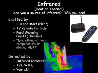 Infrared
(Heat or Thermal)
Are you a source of infrared? YES you are!
Emitted by
– Sun and stars (Near)
– TV Remote Controls
– Food Warming
Lights (Thermal)
– *Everything at room
temperature or
above,=HEAT
Detected by
– Infrared Cameras
– TVs, VCRs,
– Your skin
 
