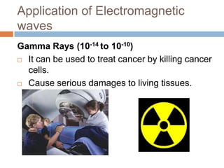 Application of Electromagnetic
waves
Gamma Rays (10-14 to 10-10)
 It can be used to treat cancer by killing cancer
cells.
 Cause serious damages to living tissues.
 