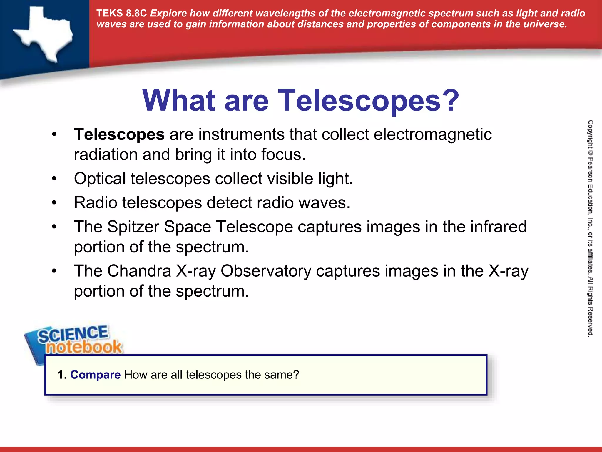 TEKS 8.8C Explore how different wavelengths of the electromagnetic spectrum such as light and radio 
waves are used to gain information about distances and properties of components in the universe. 
What are Telescopes? 
• Telescopes are instruments that collect electromagnetic 
radiation and bring it into focus. 
• Optical telescopes collect visible light. 
• Radio telescopes detect radio waves. 
• The Spitzer Space Telescope captures images in the infrared 
portion of the spectrum. 
• The Chandra X-ray Observatory captures images in the X-ray 
portion of the spectrum. 
1. Compare How are all telescopes the same? 
 