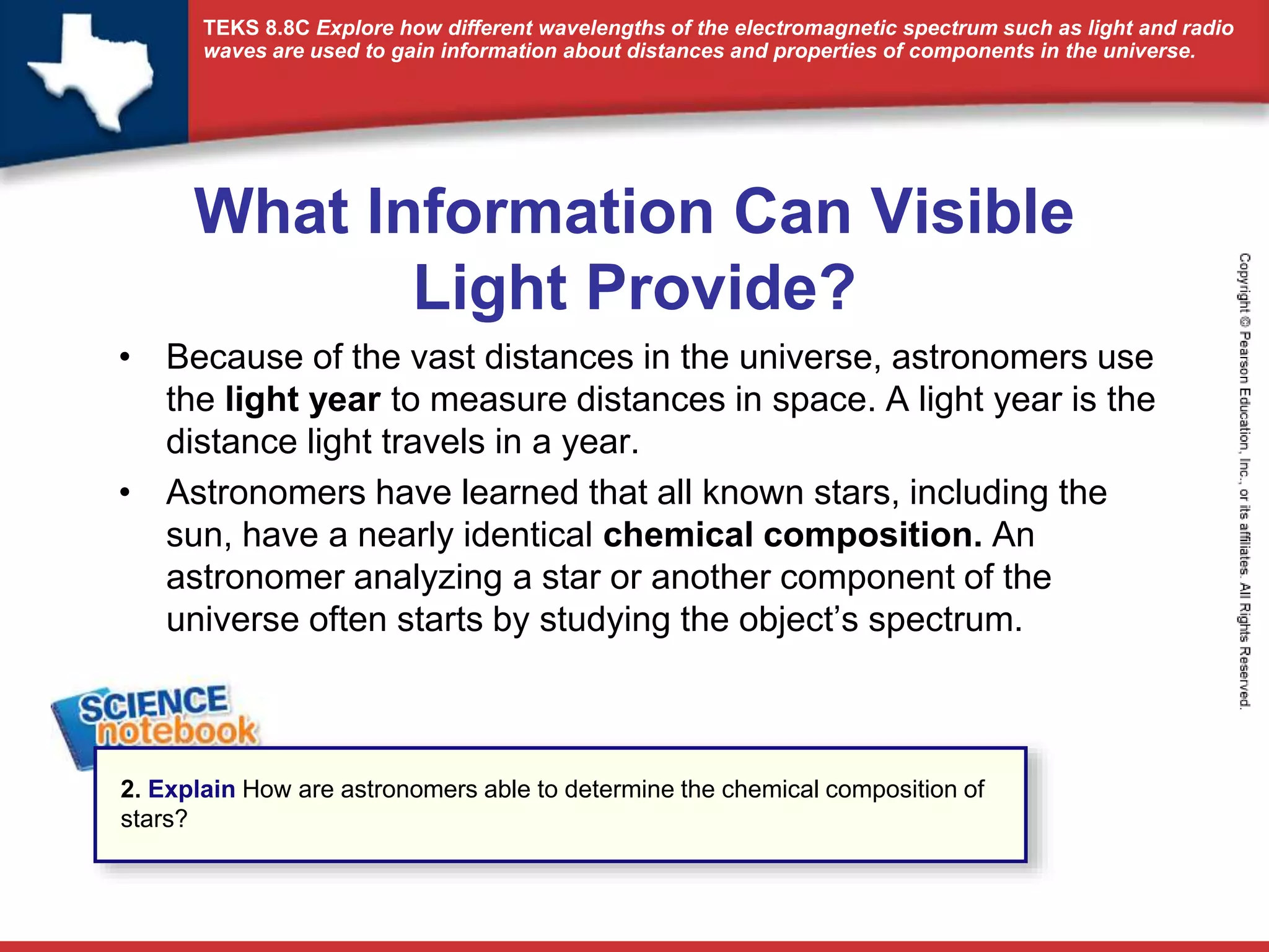TEKS 8.8C Explore how different wavelengths of the electromagnetic spectrum such as light and radio 
waves are used to gain information about distances and properties of components in the universe. 
What Information Can Visible 
Light Provide? 
• Because of the vast distances in the universe, astronomers use 
the light year to measure distances in space. A light year is the 
distance light travels in a year. 
• Astronomers have learned that all known stars, including the 
sun, have a nearly identical chemical composition. An 
astronomer analyzing a star or another component of the 
universe often starts by studying the object’s spectrum. 
2. Explain How are astronomers able to determine the chemical composition of 
stars? 
 