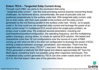 Charlie Chong/ Fion Zhang
Enters TECA – Tangential Eddy Current Array
Through much R&D, we came to the conclusion that using
“ tangential eddy current ” was the most promising avenue towards overcoming these
challenges. As mentioned above, conventionally, the axes of pancake coils are
positioned perpendicular to the surface under test. With tangential eddy current, coils
are on their sides, with their axes parallel to the surface and the eddy current
generated by the coil flowing parallel to the surface under test, “diving”, so to speak,
under it. So how could we use tangential eddy current and leverage the power of an
eddy current array? A multiplexed ECA would solve the single-pass problem, as
arrays cover a wider area. We analyzed several parameters, including coil
size/impedance/position/configuration, the operating frequency, and the multiplexing
pattern (topology), among others, to create an optimal ECA solution. We tested and
characterize more than 30 coil configurations over the course of a year of R&D,
coming up with what we felt is the best coil configuration to leverage the power of ECA,
striking a balance between coverage, penetration, and resolution. That’s how the
tangential eddy current array (TECA™ ) was born. We were able to observe that
TECA generated a relatively flat liftoff signal and defects approximately 90° from the
liftoff signal, something that’s not possible using other inspection techniques. The
multiplexed eddy current generated by TECA can dive under cracks down to 10 mm
(0.4 in). But that doesn’t take care of the geometry issue.
http://www.eddyfi.com/ndt/surface-inspection/rising-ferromagnetic-electromagnetic-testing-challenge/
 