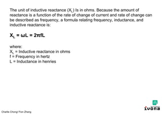 Charlie Chong/ Fion Zhang
The unit of inductive reactance (XL) Is in ohms. Because the amount of
reactance is a function of the rate of change of current and rate of change can
be described as frequency, a formula relating frequency, inductance, and
inductive reactance is:
XL = ωL = 2 fL
where:
XL = Inductive reactance in ohms
f = Frequency in hertz
L = Inductance in henries
 