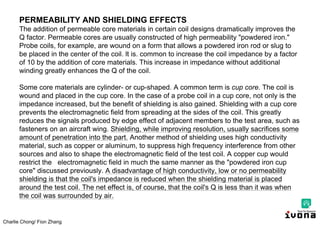 Charlie Chong/ Fion Zhang
PERMEABILITY AND SHIELDING EFFECTS
The addition of permeable core materials in certain coil designs dramatically improves the
Q factor. Permeable cores are usually constructed of high permeability "powdered iron."
Probe coils, for example, are wound on a form that allows a powdered iron rod or slug to
be placed in the center of the coil. lt is. common to increase the coil impedance by a factor
of 10 by the addition of core materials. This increase in impedance without additional
winding greatly enhances the Q of the coil.
Some core materials are cylinder- or cup-shaped. A common term is cup core. The coil is
wound and placed in the cup core. In the case of a probe coil in a cup core, not only is the
impedance increased, but the benefit of shielding is also gained. Shielding with a cup core
prevents the electromagnetic field from spreading at the sides of the coil. This greatly
reduces the signals produced by edge effect of adjacent members to the test area, such as
fasteners on an aircraft wing. Shielding, while improving resolution, usually sacrifices some
amount of penetration into the part. Another method of shielding uses high conductivity
material, such as copper or aluminum, to suppress high frequency interference from other
sources and also to shape the electromagnetic field of the test coil. A copper cup would
restrict the electromagnetic field in much the same manner as the "powdered iron cup
core" discussed previously. A disadvantage of high conductivity, low or no permeability
shielding is that the coil's impedance is reduced when the shielding material is placed
around the test coil. The net effect is, of course, that the coil's Q is less than it was when
the coil was surrounded by air.
 