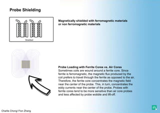 Charlie Chong/ Fion Zhang
Probe Shielding
Probe Loading with Ferrite Cores vs. Air Cores
Sometimes coils are wound around a ferrite core. Since
ferrite is ferromagnetic, the magnetic flux produced by the
coil prefers to travel through the ferrite as opposed to the air.
Therefore, the ferrite core concentrates the magnetic field
near the center of the probe. This, in turn, concentrates the
eddy currents near the center of the probe. Probes with
ferrite cores tend to be more sensitive than air core probes
and less affected by probe wobble and lift-off.
Magnetically shielded with ferromagnetic materials
or non ferromagnetic materials
 