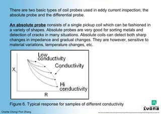 Charlie Chong/ Fion Zhang
There are two basic types of coil probes used in eddy current inspection; the
absolute probe and the differential probe.
An absolute probe consists of a single pickup coil which can be fashioned in
a variety of shapes. Absolute probes are very good for sorting metals and
detection of cracks in many situations. Absolute coils can detect both sharp
changes in impedance and gradual changes. They are however, sensitive to
material variations, temperature changes, etc.
Figure 6. Typical response for samples of different conductivity
http://www.cnde.iastate.edu/faa-casr/engineers/Supporting%20Info/Supporting%20Info%20Pages/Eddy%20Pages/Eddy-principles.html
 