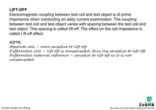 Charlie Chong/ Fion Zhang
LIFT-OFF
Electromagnetic coupling between test coil and test object is of prime
importance when conducting an eddy current examination. The coupling
between test coil and test object varies with spacing between the test coil and
test object. This spacing is called lift-off. The effect on the coil impedance is
called I ift-off effect.
NOTE:
Absolute coil – more sensitive to lift off.
Differential coil – lift off is compensated, thus less sensitive to lift off.
Differential external reference – sensitive to lift off as it is not
compensated.
http://www.ndt.net/apcndt2001/papers/224/224.htm
 