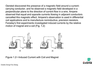 Charlie Chong/ Fion Zhang
Oersted discovered the presence of a magnetic field around a current-
carrying conductor, and he observed a magnetic field developed in a
perpendicular plane to the direction of current flow in a wire. Ampere
observed that equal and opposite currents Ilowing in adjacent conductors
cancelled this magnetic effect. Ampere's observation is used in differential
coil applications and to manufacture noninductive, precision resistors.
Faraday's first experiments investigated induced currents by the relative
motion of magnet and a coil (Fig. 1.2)
Figure 1.2一Induced Current with Coil and Magnet
 