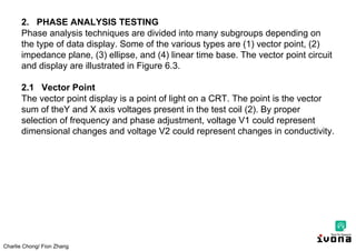 Charlie Chong/ Fion Zhang
2. PHASE ANALYSIS TESTING
Phase analysis techniques are divided into many subgroups depending on
the type of data display. Some of the various types are (1) vector point, (2)
impedance plane, (3) ellipse, and (4) linear time base. The vector point circuit
and display are illustrated in Figure 6.3.
2.1 Vector Point
The vector point display is a point of light on a CRT. The point is the vector
sum of theY and X axis voltages present in the test coil (2). By proper
selection of frequency and phase adjustment, voltage V1 could represent
dimensional changes and voltage V2 could represent changes in conductivity.
 