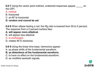 Charlie Chong/ Fion Zhang
0.6·7 Using the vector point method, undesired responses appear _____ on
the CRT.
A. vertical
B. horizontal
C. at 45º to horizontal
D. random and cannot be set
0.6·8 When ellipse testing a rod, the f/fg ratio is lowered from 50 to 5 percent.
The response from a 5 percent surface flaw:
A. will appear more elliptical.
B. will appear less elliptical.
C. is unchanged.
D. rotates 90 D clockwise.
0.6·9 Using the linear time base, harmonics appear:
A. as phase shifts of the fundamental waveform.
B. as distortions of the fundamental waveform.
C. to have no effect on the fundamental waveform.
D. as modified sawtooth signals.
 
