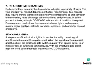 Charlie Chong/ Fion Zhang
7. READOUT MECHANISMS
Eddy current test data may be displayed or indicated in a variety of ways. The
type of display or readout depends on the test requirements. Test records
may require archive storage on large inservice components so that corrosion
or discontinuity rates of change can bemonitored and projected. In some
production tests, a simple GO/NO-GO indicator circuit is all that is required.
Some common readout mechanisms are indicator tights, audio alarms,
meters, digital displays, cathode ray tubes, recorders, and computer printout
or displays.
INDICATOR LIGHTS
A simple use of the indicator light is to monitor the eddy current signal
amplitude with an amplitude gate circuit. When the signal reaches a preset
amplitude limit, the amplitude gate switches a relay that applies power to an
indicator light or automatic sorting device. With the amplitude gate circuit,
high-low limits could be preset to give GO/NO-GO indications.
 