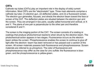 Charlie Chong/ Fion Zhang
CRTs
Cathode ray tubes (CATs) play an important role in the display of eddy current
information. Most CRTs are the "electrostatic" type. Three main elements comprise a
cathode ray tube: (1) electron gun, (2) deflection plates, and (3) a fluorescent screen.
The electron gun generates, focuses, and directs the electron beam toward the face or
screen of the CAT. The deflection plates are situated between the electron gun and
the screen. They are arranged in two pairs, usually called horizontal and vertical, or X
and Y. The plane of one pair is perpendicular to the other pair and therefore
considered X and Y.
The screen is the imaging portion of the CAT. The screen consists of a coating or
coatings that produce photochemical reactions when struck by the electron beam. The
photochemical action appears in two stages. Fluorescence occurs as the electron
beam strikes the screen. Phosphorescence enables the screen to continue to give off
light after the electron- beam has been removed or has passed over a section of the
screen. All screen materials possess both fluorescence and phosphorescence. Screen
materials are referred to as phosphors. The color of fluorescence and
phosphorescence may differ as the case for zinc sulfide: the fluorescence is blue-
green, and the phosphorescence is yellow-green.
 