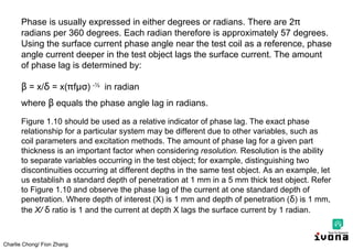 Charlie Chong/ Fion Zhang
Phase is usually expressed in either degrees or radians. There are 2
radians per 360 degrees. Each radian therefore is approximately 57 degrees.
Using the surface current phase angle near the test coil as a reference, phase
angle current deeper in the test object lags the surface current. The amount
of phase lag is determined by:
β = x/δ = x( fμσ) -½ in radian
where β equals the phase angle lag in radians.
Figure 1.10 should be used as a relative indicator of phase lag. The exact phase
relationship for a particular system may be different due to other variables, such as
coil parameters and excitation methods. The amount of phase lag for a given part
thickness is an important factor when considering resolution. Resolution is the ability
to separate variables occurring in the test object; for example, distinguishing two
discontinuities occurring at different depths in the same test object. As an example, let
us establish a standard depth of penetration at 1 mm in a 5 mm thick test object. Refer
to Figure 1.10 and observe the phase lag of the current at one standard depth of
penetration. Where depth of interest (X) is 1 mm and depth of penetration (δ) is 1 mm,
the X/ δ ratio is 1 and the current at depth X lags the surface current by 1 radian.
 