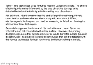Charlie Chong/ Fion Zhang
Table 1 lists techniques used for tubes made of various materials. The choice
of technique is mainly influenced by the type of service damage to be
detected but often the technique is dictated by tube cleanliness.
For example, rotary ultrasonic testing and laser profilometry require very
clean interior surfaces whereas electromagnetic tests do not. Often,
electromagnetic techniques are used as screening tools before cleaning for
ultrasonic or laser techniques.
Several damage mechanisms and discontinuities can occur. Some are
volumetric and not connected with either surface. However, the primary
discontinuities are either outside diameter or inside diameter surface breaking
discontinuities. Table 2 lists various discontinuities that can be detected with
the various techniques for both nonferrous and ferrous tubing materials.
 