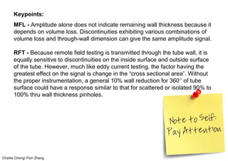 Charlie Chong/ Fion Zhang
Keypoints:
MFL - Amplitude alone does not indicate remaining wall thickness because it
depends on volume loss. Discontinuities exhibiting various combinations of
volume loss and through-wall dimension can give the same amplitude signal.
RFT - Because remote field testing is transmitted through the tube wall, it is
equally sensitive to discontinuities on the inside surface and outside surface
of the tube. However, much like eddy current testing, the factor having the
greatest effect on the signal is change in the “cross sectional area”. Without
the proper instrumentation, a general 10% wall reduction for 360° of tube
surface could have a response similar to that for scattered or isolated 90% to
100% thru wall thickness pinholes.
 