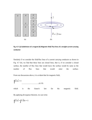Fig. 4.7: (a) Subdivision of a magnet (b) Magnetic field/ flux lines of a straight current carrying
conductor
Similarly if we consider the field/flux lines of a current carrying conductor as shown in
Fig. 4.7 (b), we find that these lines are closed lines, that is, if we consider a closed
surface, the number of flux lines that would leave the surface would be same as the
number of flux lines that would enter the surface.
From our discussions above, it is evident that for magnetic field,
......................................(4.19)
which is the Gauss's law for the magnetic field.
By applying divergence theorem, we can write:
 