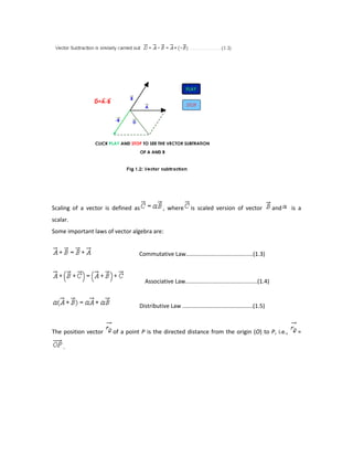 Scaling of a vector is defined as , where is scaled version of vector and is a
scalar.
Some important laws of vector algebra are:
Commutative Law..........................................(1.3)
Associative Law.............................................(1.4)
Distributive Law ............................................(1.5)
The position vector of a point P is the directed distance from the origin (O) to P, i.e., =
.
 
