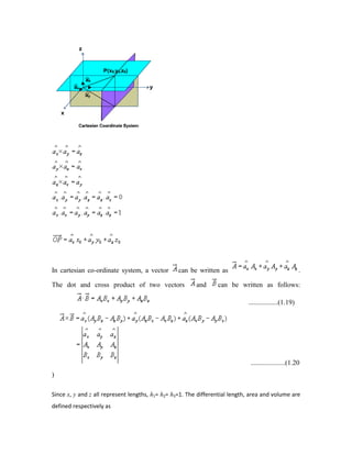 In cartesian co-ordinate system, a vector can be written as .
The dot and cross product of two vectors and can be written as follows:
.................(1.19)
....................(1.20
)
Since x, y and z all represent lengths, h1= h2= h3=1. The differential length, area and volume are
defined respectively as
 