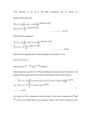 With reference to fig (6.11), the field components can be written as:
Incident field components:
............................(6.79)
Reflected field components:
............................(6.80)
Since the total tangential electric field component at the interface is zero.
Which leads to and as before.
Substituting these quantities in (6.79) and adding the incident and reflected electric and
magnetic field components the total electric and magnetic fields can be written as
.........
..................(6.81)
Once again, we find a standing wave pattern along z for the x and y components of and
, while a non uniform plane wave propagates along x with a phase velocity given by
 