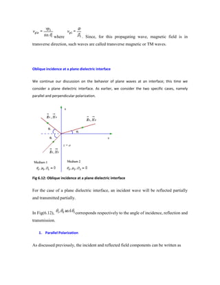 where . Since, for this propagating wave, magnetic field is in
transverse direction, such waves are called transverse magnetic or TM waves.
Oblique incidence at a plane dielectric interface
We continue our discussion on the behavior of plane waves at an interface; this time we
consider a plane dielectric interface. As earlier, we consider the two specific cases, namely
parallel and perpendicular polarization.
Fig 6.12: Oblique incidence at a plane dielectric interface
For the case of a plane dielectric interface, an incident wave will be reflected partially
and transmitted partially.
In Fig(6.12), corresponds respectively to the angle of incidence, reflection and
transmission.
1. Parallel Polarization
As discussed previously, the incident and reflected field components can be written as
 
