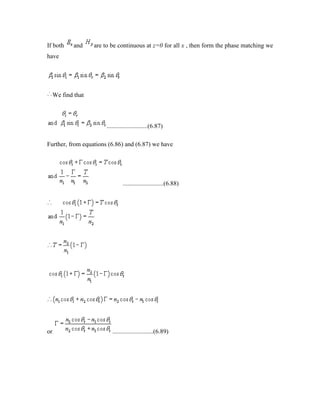 If both and are to be continuous at z=0 for all x , then form the phase matching we
have
We find that
..........................(6.87)
Further, from equations (6.86) and (6.87) we have
..........................(6.88)
or ..........................(6.89)
 