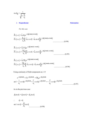 2. Perpendicular Polarization
For this case
.........................(6.94)
.........................(6.95)
.........................(6.96)
Using continuity of field components at z=0
.........................(6.97)
As in the previous case
.........................(6.98)
 