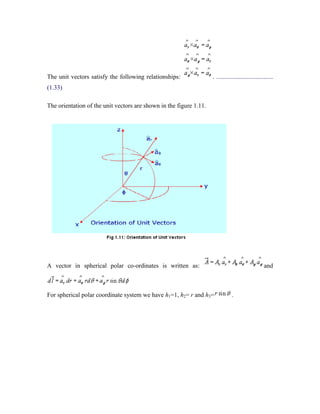The unit vectors satisfy the following relationships: . ....................................
(1.33)
The orientation of the unit vectors are shown in the figure 1.11.
A vector in spherical polar co-ordinates is written as: and
For spherical polar coordinate system we have h1=1, h2= r and h3= .
 