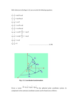 With reference to the figure 1.13, we can write the following equations:
........................................................ (1.36)
Given a vector in the spherical polar coordinate system, its
component in the cartesian coordinate system can be found out as follows:
 