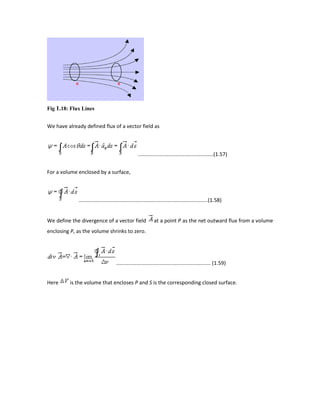 Fig 1.18: Flux Lines
We have already defined flux of a vector field as
....................................................(1.57)
For a volume enclosed by a surface,
.........................................................................................(1.58)
We define the divergence of a vector field at a point P as the net outward flux from a volume
enclosing P, as the volume shrinks to zero.
................................................................. (1.59)
Here is the volume that encloses P and S is the corresponding closed surface.
 