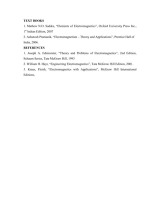 TEXT BOOKS
1. Mathew N.O. Sadiku, “Elements of Electromagnetics”, Oxford University Press Inc.,
1st
Indian Edition, 2007
2. Ashutosh Pramanik, “Electromagnetism – Theory and Applications”, Prentice Hall of
India, 2006.
REFERENCES
1. Joseph A. Edminister, “Theory and Problems of Electromagnetics”, 2nd Edition,
Schaum Series, Tata McGraw Hill, 1993
2. William H. Hayt, “Engineering Electromagnetics”, Tata McGraw Hill Edition, 2001.
3. Kraus, Fleish, “Electromagnetics with Applications”, McGraw Hill International
Editions,
 
