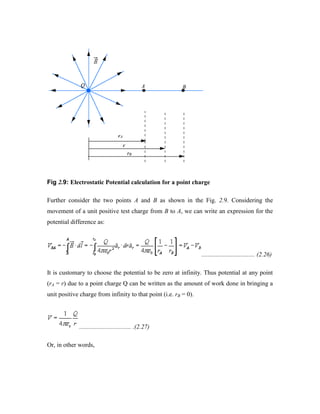 Fig 2.9: Electrostatic Potential calculation for a point charge
Further consider the two points A and B as shown in the Fig. 2.9. Considering the
movement of a unit positive test charge from B to A, we can write an expression for the
potential difference as:
.................................. (2.26)
It is customary to choose the potential to be zero at infinity. Thus potential at any point
(rA = r) due to a point charge Q can be written as the amount of work done in bringing a
unit positive charge from infinity to that point (i.e. rB = 0).
................................. .(2.27)
Or, in other words,
 