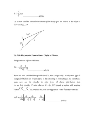 .................................. (2.28)
Let us now consider a situation where the point charge Q is not located at the origin as
shown in Fig. 2.10.
Fig 2.10: Electrostatic Potential due a Displaced Charge
The potential at a point P becomes
.................................. (2.29)
So far we have considered the potential due to point charges only. As any other type of
charge distribution can be considered to be consisting of point charges, the same basic
ideas now can be extended to other types of charge distribution also.
Let us first consider N point charges Q1, Q2, QN located at points with position
vectors , ,...... . The potential at a point having position vector can be written as:
.................................. (2.30a)
 