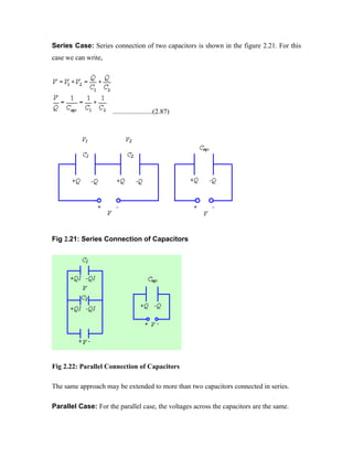 Series Case: Series connection of two capacitors is shown in the figure 2.21. For this
case we can write,
.......................(2.87)
Fig 2.21: Series Connection of Capacitors
Fig 2.22: Parallel Connection of Capacitors
The same approach may be extended to more than two capacitors connected in series.
Parallel Case: For the parallel case, the voltages across the capacitors are the same.
 