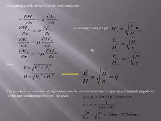 Comparing  y and z terms  from the above equations                                                                                      on solving finally we get                                				        lly SinceThe ratio has the dimension of impedance or ohms , called characteristic impedance or intrinsic impedance  of the (non conducting) medium.  For space 