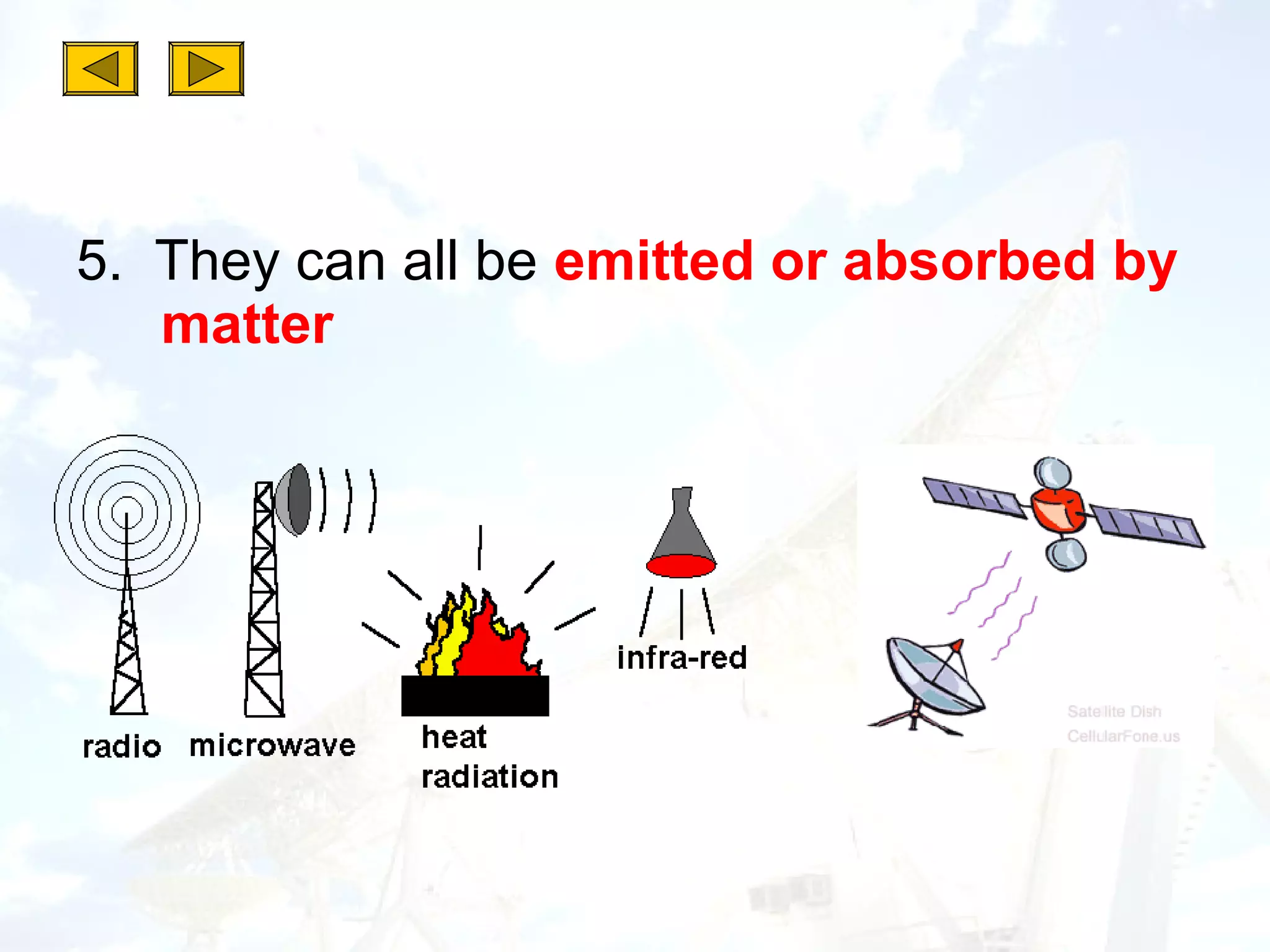5. They can all be emitted or absorbed by
   matter
 
