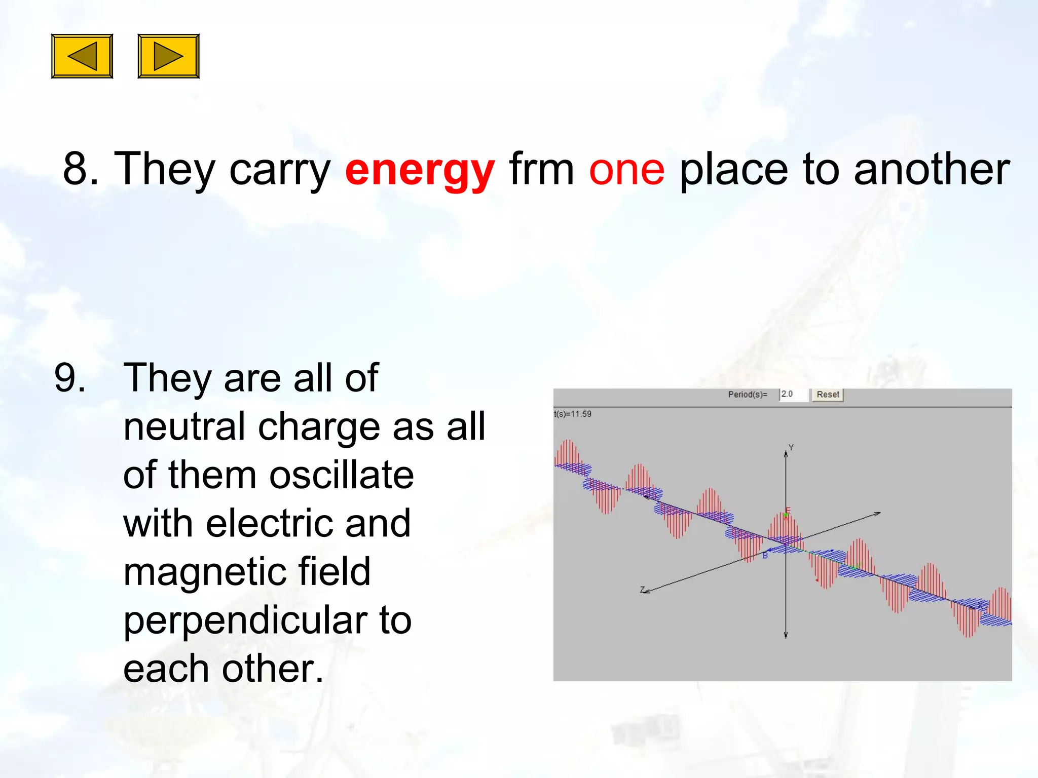 8. They carry energy frm one place to another



9. They are all of
   neutral charge as all
   of them oscillate
   with electric and
   magnetic field
   perpendicular to
   each other.
 