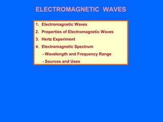 ELECTROMAGNETIC WAVES
1. Electromagnetic Waves
2. Properties of Electromagnetic Waves
3. Hertz Experiment
4. Electromagnetic Spectrum
- Wavelength and Frequency Range
- Sources and Uses
 