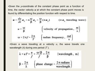 •Given the y-coordinate of the constant phase point as a function of
time, the vector velocity u at which the constant phase point moves is
found by differentiating the position function with respect to time.
•Given a wave traveling at a velocity u, the wave travels one
wavelength (λ) during one period (T ).
 