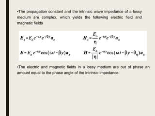 •The propagation constant and the intrinsic wave impedance of a lossy
medium are complex, which yields the following electric field and
magnetic fields
•The electric and magnetic fields in a lossy medium are out of phase an
amount equal to the phase angle of the intrinsic impedance.
 