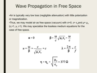 Wave Propagation in Free Space
•Air is typically very low loss (negligible attenuation) with little polarization
or magnetization.
•Thus, we may model air as free space (vacuum) with σ=0, ε= εoand μ= μo
(εr=1, μ r=1). We may specialize the lossless medium equations for the
case of free space.
 