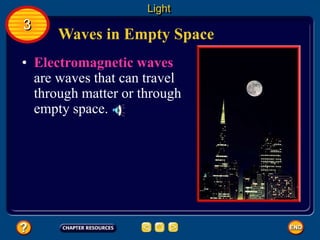 Waves in Empty Space
Light
3
• Electromagnetic waves
are waves that can travel
through matter or through
empty space.
 