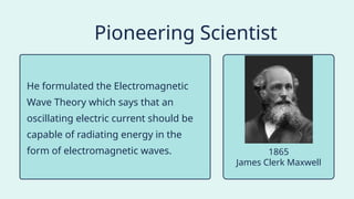 He formulated the Electromagnetic
Wave Theory which says that an
oscillating electric current should be
capable of radiating energy in the
form of electromagnetic waves.
Pioneering Scientist
James Clerk Maxwell
1865
 