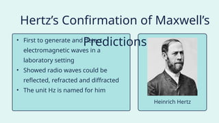 • First to generate and detect
electromagnetic waves in a
laboratory setting
• Showed radio waves could be
reflected, refracted and diffracted
• The unit Hz is named for him
Hertz’s Confirmation of Maxwell’s
Predictions
Heinrich Hertz
 