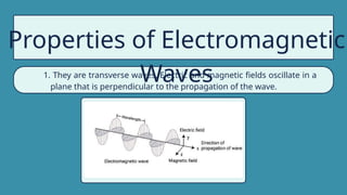 Properties of Electromagnetic
Waves
1. They are transverse waves. Electric and magnetic fields oscillate in a
plane that is perpendicular to the propagation of the wave.
 