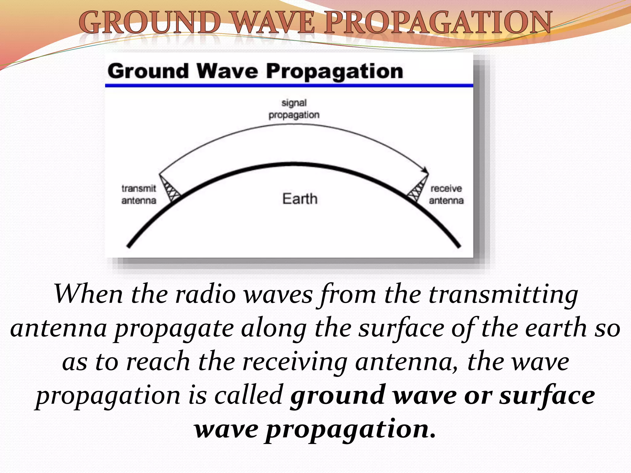 When the radio waves from the transmitting
antenna propagate along the surface of the earth so
as to reach the receiving antenna, the wave
propagation is called ground wave or surface
wave propagation.
 