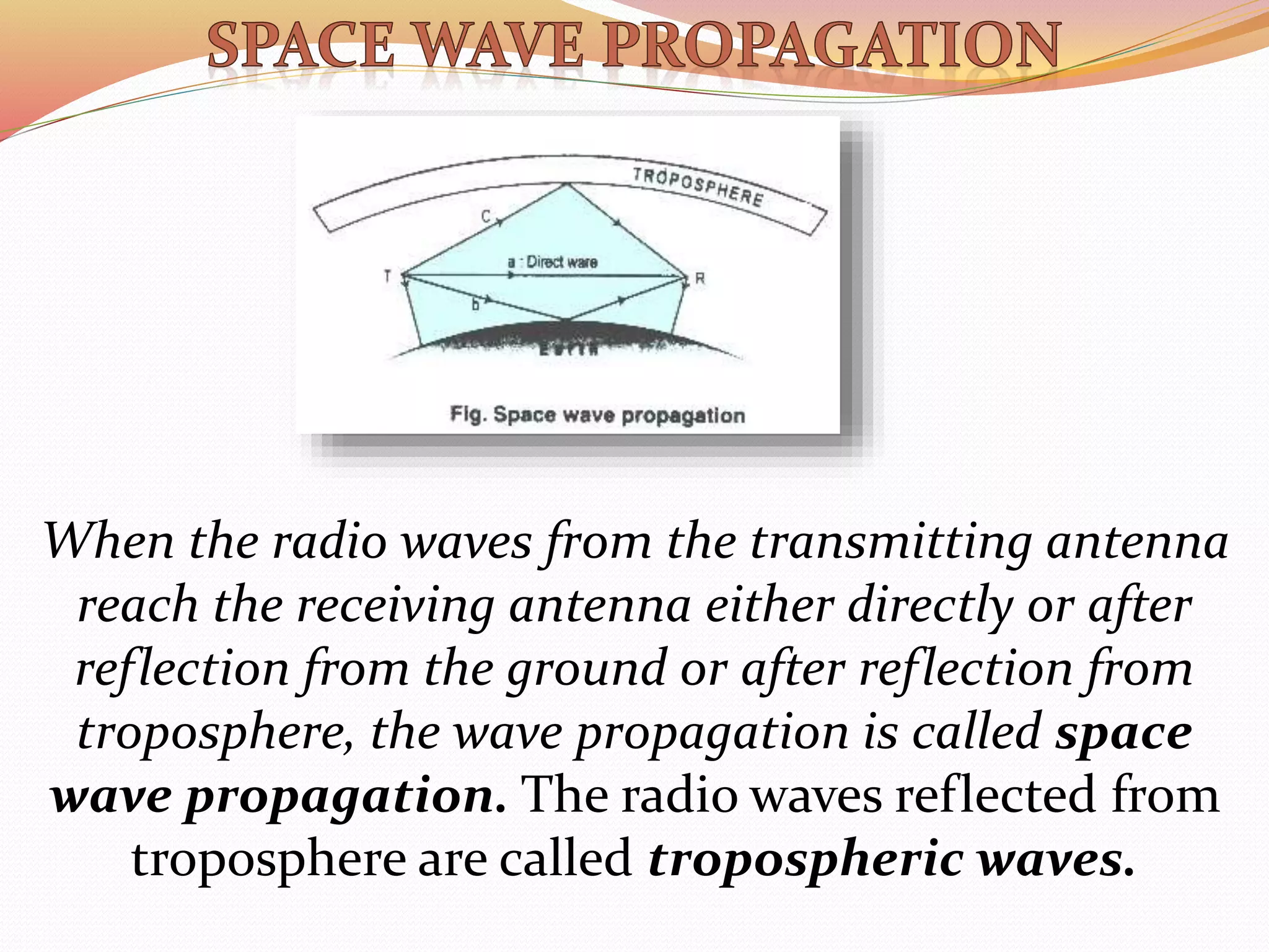 When the radio waves from the transmitting antenna
reach the receiving antenna either directly or after
reflection from the ground or after reflection from
troposphere, the wave propagation is called space
wave propagation. The radio waves reflected from
troposphere are called tropospheric waves.
 