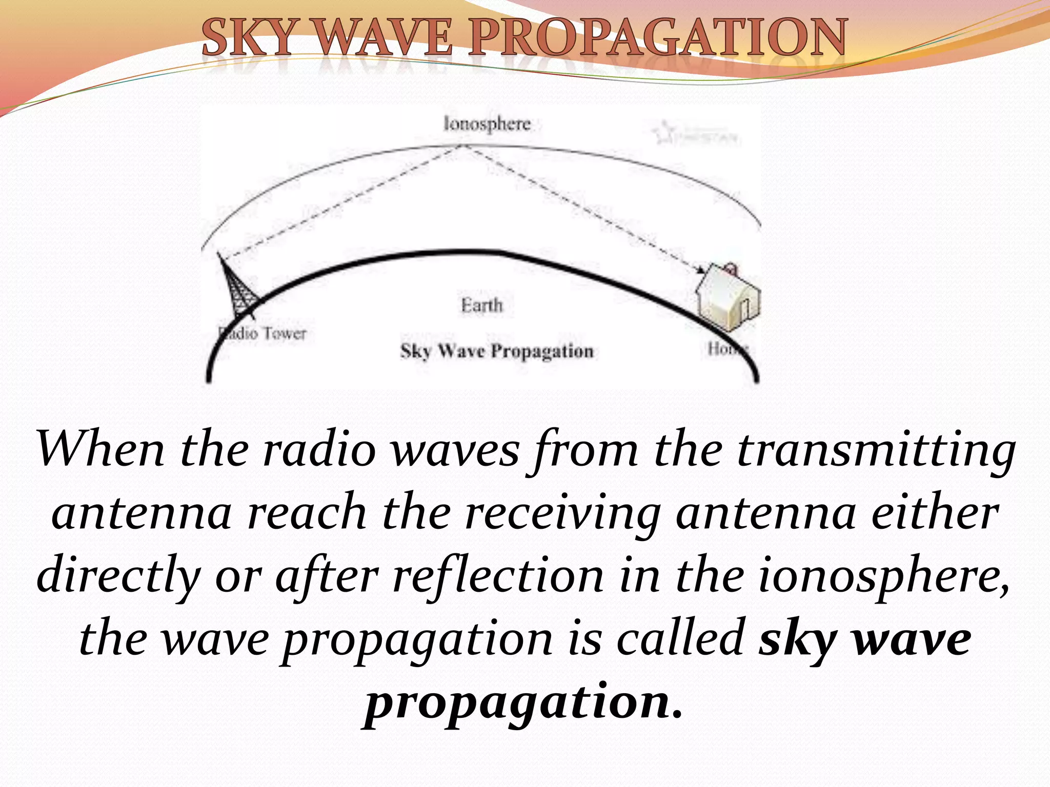 When the radio waves from the transmitting
antenna reach the receiving antenna either
directly or after reflection in the ionosphere,
the wave propagation is called sky wave
propagation.
 