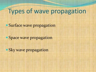Types of wave propagation
 Surface wave propagation


 Space wave propagation


 Sky wave propagation
 