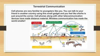 Terrestrial Communication
Cell phones are very familiar to youngsters like you. You can talk to your
friend in another country using this small gadget and you feel like she/he is
just around the corner. Cell phones along with other telecommunication
devices have made distance material. Wireless communication has made the
world smaller!
 