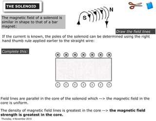 The magnetic field of a solenoid is
similar in shape to that of a bar
magnet:
If the current is known, the poles of the solenoid can be determined using the right
hand thumb rule applied earlier to the straight wire:
Draw the field lines
Complete this:
Field lines are parallel in the core of the solenoid which --> the magnetic field in the
core is uniform.
The density of magnetic field lines is greatest in the core --> the magnetic field
strength is greatest in the core.
THE SOLENOID
Thursday, 4 November 2010
 