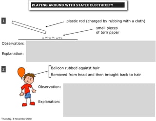 plastic rod (charged by rubbing with a cloth)
small pieces
of torn paper
Observation:
Explanation:
1
2 Balloon rubbed against hair
Removed from head and then brought back to hair
PLAYING AROUND WITH STATIC ELECTRICITY
Observation:
Explanation:
Thursday, 4 November 2010
 